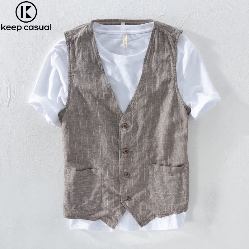 {Keep} Áo Vest vải lanh thông thường kiểu Anh Nam mỏng vừa vặn Bộ đồ công sở Áo ghi lê Áo Vest chuyên nghiệp Vải lanh Cotton không tay Trang phục trang trọng