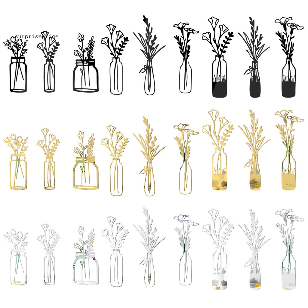 Bộ 3 Miếng Dán Tường Bằng Acrylic Tráng Gương Hình Lọ Hoa Lấp Lánh Trang Trí Nhà Cửa