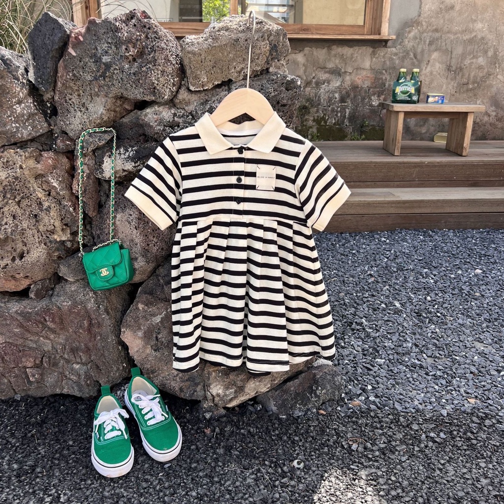 Đầm Dệt Kim Cổ POLO Họa Tiết Kẻ Sọc Thời Trang Mùa Hè Xinh Xắn Cho Bé Gái
