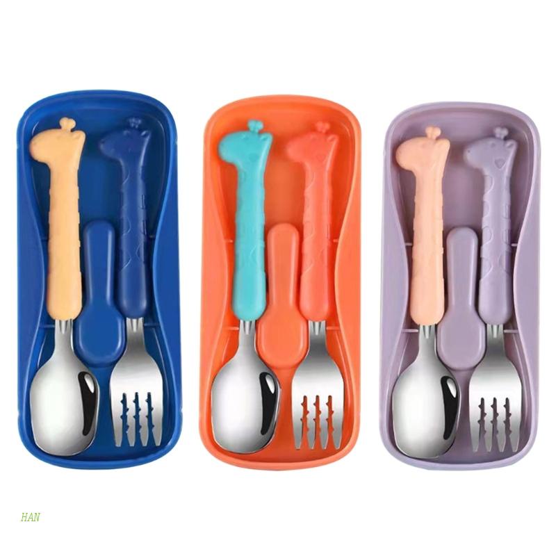 Bộ 2 Muỗng Nĩa Bằng Thép Không Gỉ Cho Bé Tập Ăn