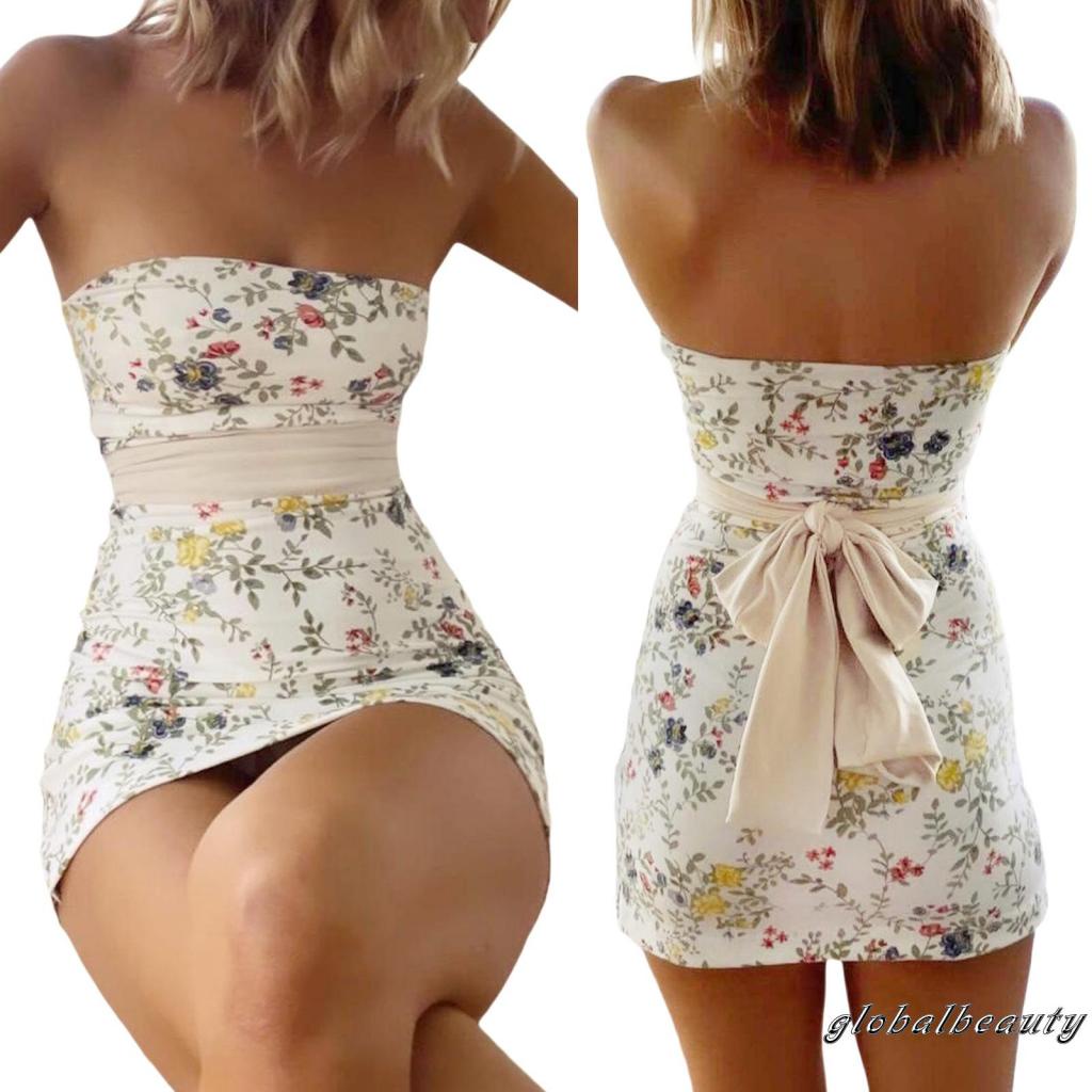 Đầm Mini Ôm Dáng Không Dây Hở Lưng In Họa Tiết Hoa Cho Nữ