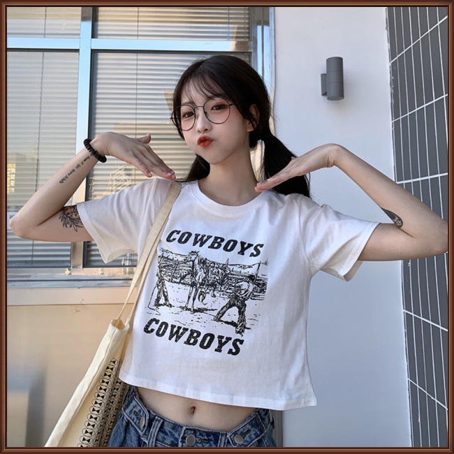 Áo Croptop Tay Ngắn Cổ Tròn In Chữ Thời Trang Cho Nữ