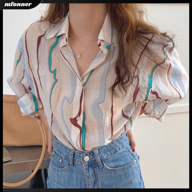 Áo Sơ Mi Tay Dài Dáng Rộng Họa Tiết Kẻ Sọc Màu Sắc Tương Phản Thời Trang Mùa Hè Cho Nữ