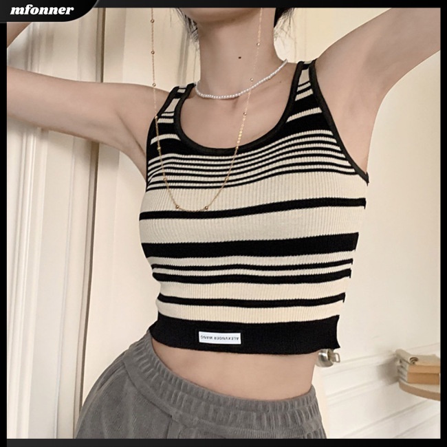 Áo Croptop Dệt Kim Hai Dây Ôm Dáng Họa Tiết Kẻ Sọc Màu Sắc Tương Phản Thời Trang Mùa Hè Cho