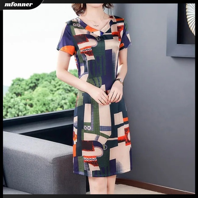 Đầm Midi Ngắn Tay Cổ Chữ V In Họa Tiết Thời Trang Mùa Hè Cho Nữ