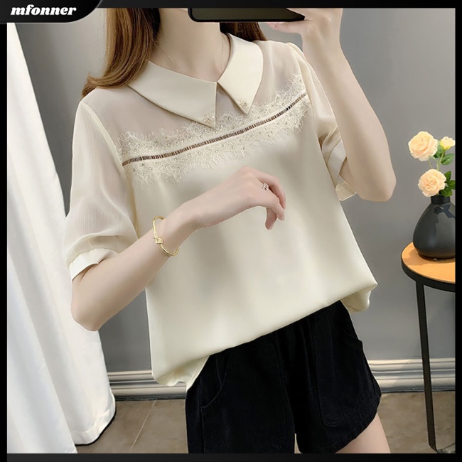 Áo Sơ Mi Chiffon Tay Ngắn Dáng Rộng Màu Sắc Đơn Giản Thanh Lịch Dành Cho Nữ