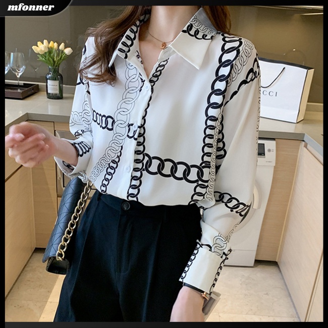 Áo Sơ Mi Chiffon Tay Dài In Họa Tiết Dây Xích Đơn Giản Cho Nữ