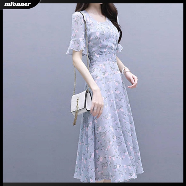 Đầm Dáng Chữ A Tay Ngắn Cổ Tròn in Hoa Thời Trang Mùa Hè Cho Nữ