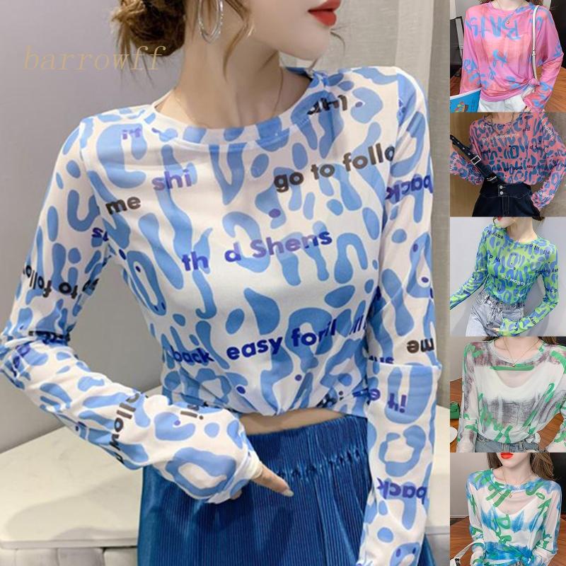 Áo Lưới Tay Dài In Chữ Màu Sắc Tương Phản Trọng Lượng Nhẹ Thoáng Khí Thời Trang Cho Nữ