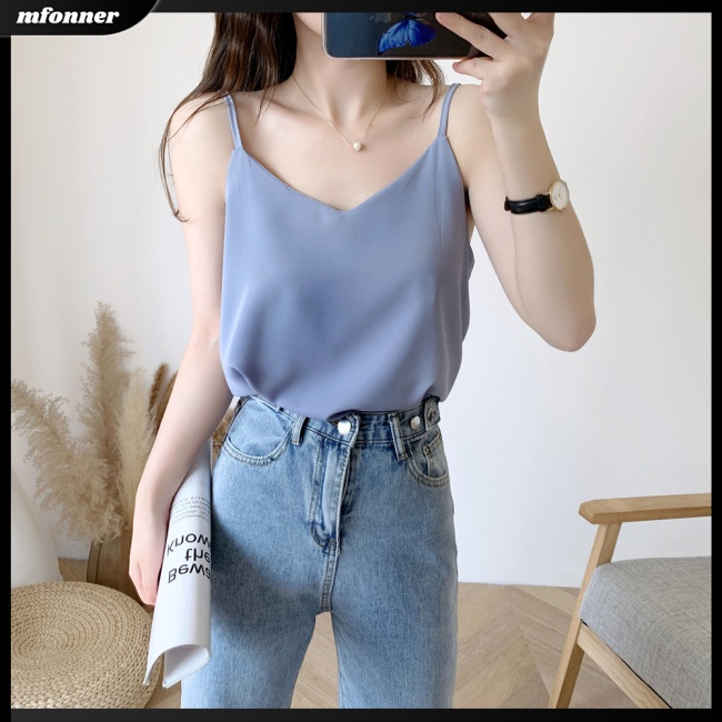 Áo Voan Hai Dây Cổ Chữ V Dáng Rộng Màu Trơn Thời Trang Mùa Hè Dành Cho Nữ