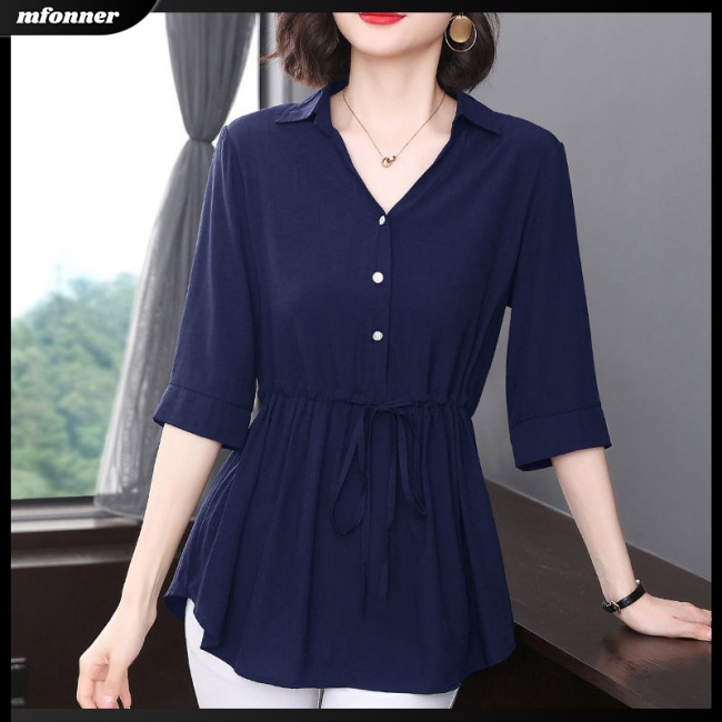 Áo Sơ Mi Cotton Tay Lửng Cổ Chữ V Màu Sắc Đơn Giản Dành Cho Nữ