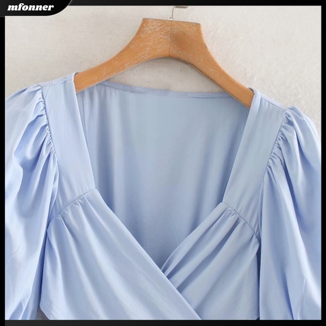 Đầm Dài Tay Ngắn Phồng Cổ Chữ V Màu Trơn Thanh Lịch Thời Trang Mùa Hè Dành Cho Nữ