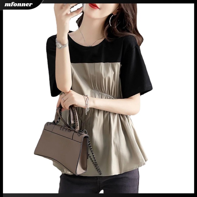 Áo Thun Tay Ngắn Cổ Tròn Dáng Rộng Màu Sắc Tương Phản Phong Cách Retro Dành Cho Nữ