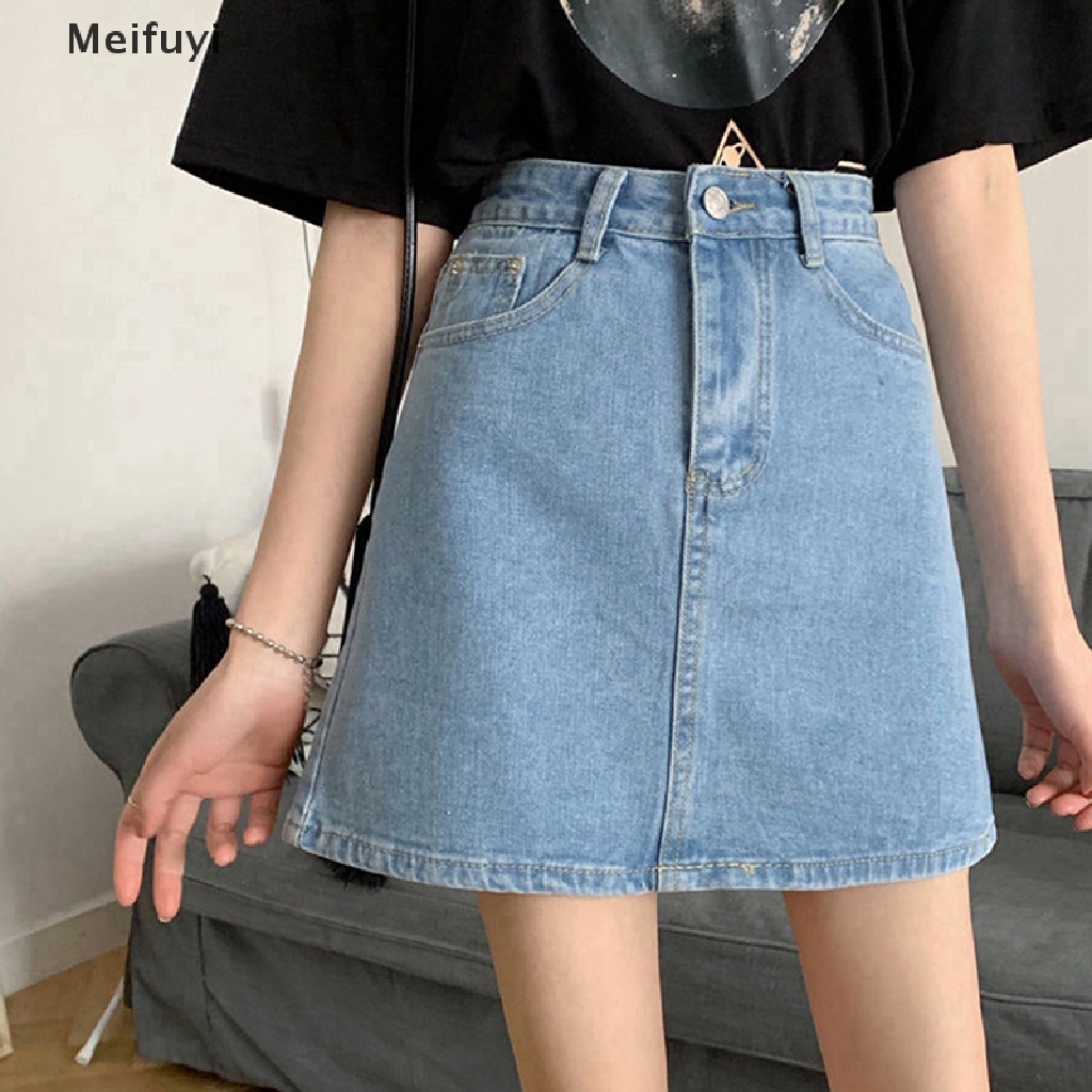 [Meifuyi] Chân Váy Denim Mini Dáng Chữ A Màu Trơn Phối Khóa Kéo Phong Cách Retro Hong Kong Mùa Hè Dễ Phối Đồ Dành Cho Nữ
