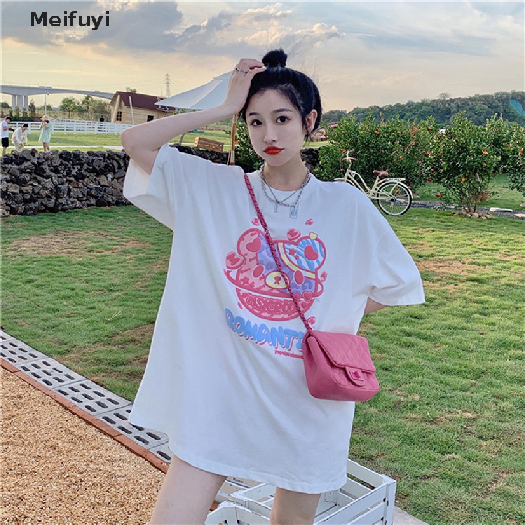 Áo Thun Ngắn Tay Cổ Tròn Dáng Rộng In Hình Gấu Hoạt Hình Thời Trang Mùa Hè Giản Dị Dành Cho Nữ