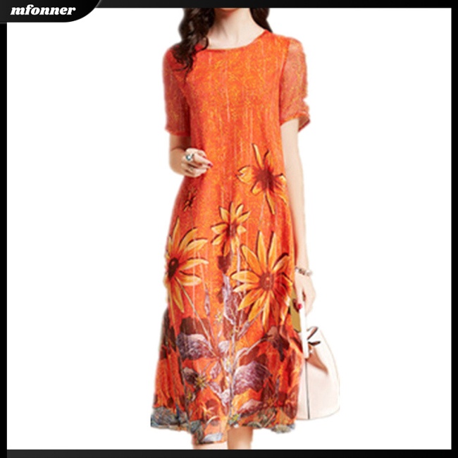 Đầm Tay Ngắn Cổ Tròn Dài Đến Đầu Gối Vải Lụa Sữa In Hoa Thời Trang Dự Tiệc Cho Bạn Gái