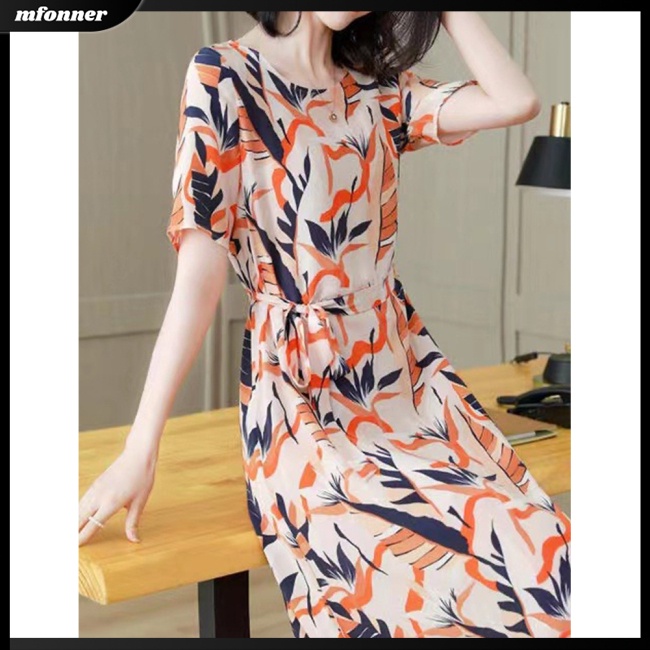 Đầm Midi Tay Ngắn Cổ Tròn Buộc Eo In Họa Tiết Lãng Mạn Thời Trang Cho Nữ