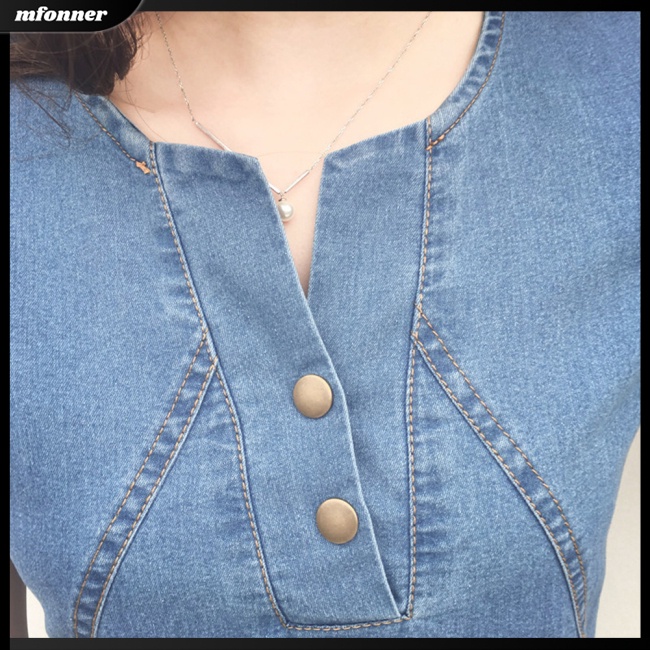 MV Women  Denim  Skirt Button Round Neck Short-sleeved Solid Color Casual Pullover Midi Dress