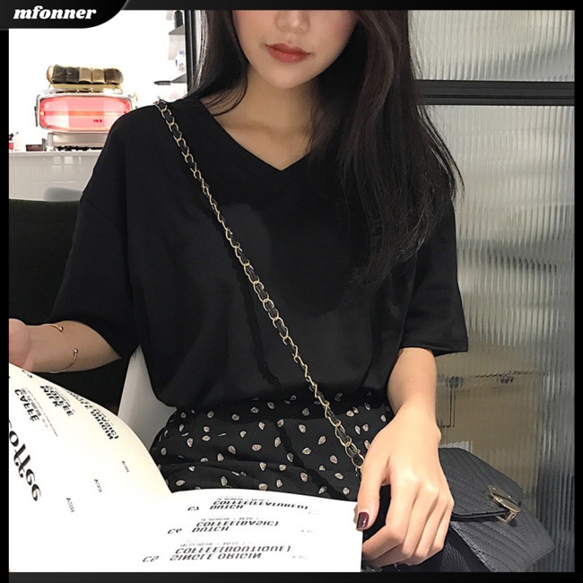 Áo Thun Tay Ngắn Cổ Chữ V Màu Sắc Đơn Giản Cho Nữ