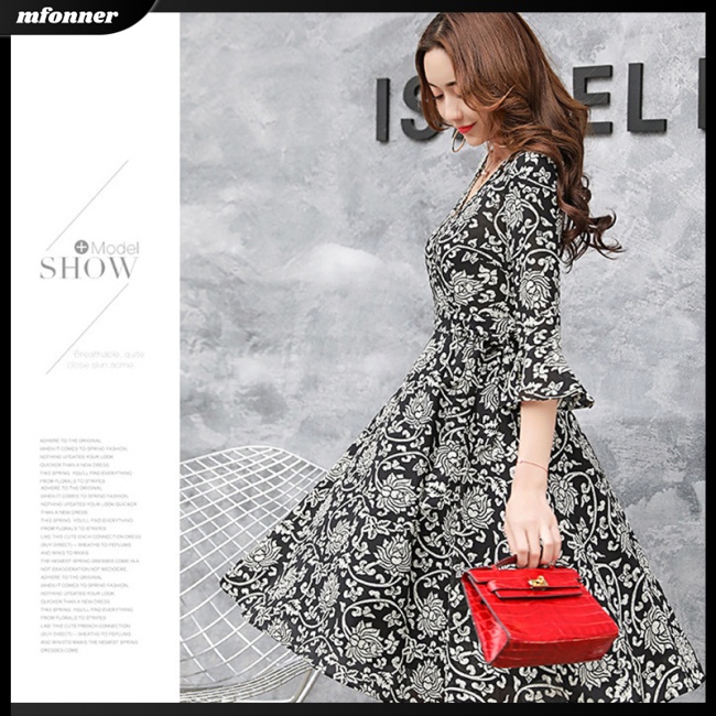 Đầm Tay Loe Cổ Chữ V Ôm Eo In Họa Tiết Hoa Xinh Xắn Thời Trang Cho Nữ