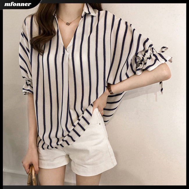 Áo Sơ Mi Chiffon Tay Lửng Dáng Rộng Họa Tiết Kẻ Sọc Thời Trang Mùa Hè Cho Nữ