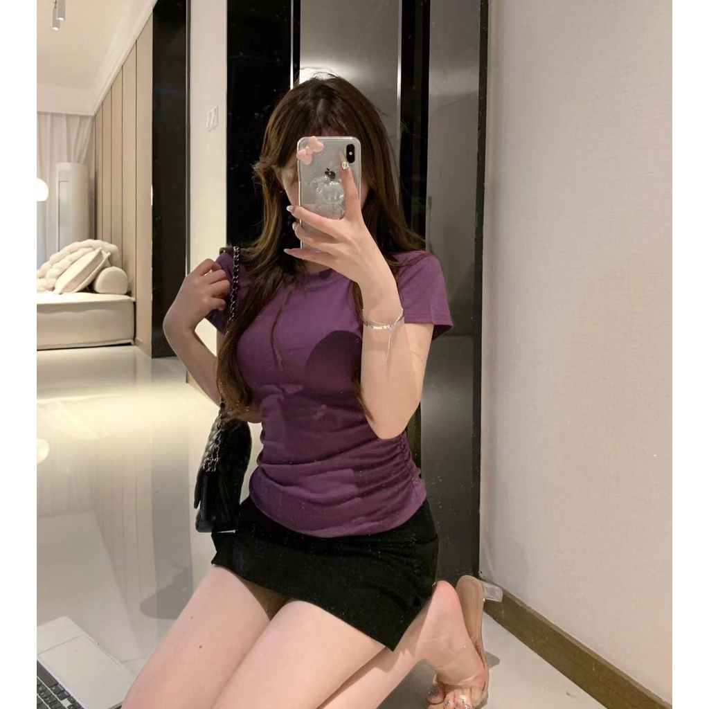 Áo Thun Tay Ngắn Dáng Ôm Màu Trơn Thời Trang Mùa Hè Xinh Xắn Cho Nữ