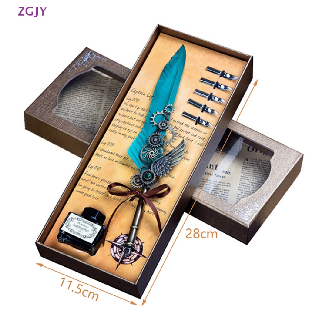 1 Set Bút Mực Nước Bằng Kim Loại Hình Lông Vũ Phong Cách Cổ Điển Mới