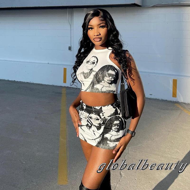 Bộ Áo Tank Top + Chân Váy Ôm In Họa Tiết Nhân Vật Hoạt Hình Thời Trang Mùa Hè Cho Nữ