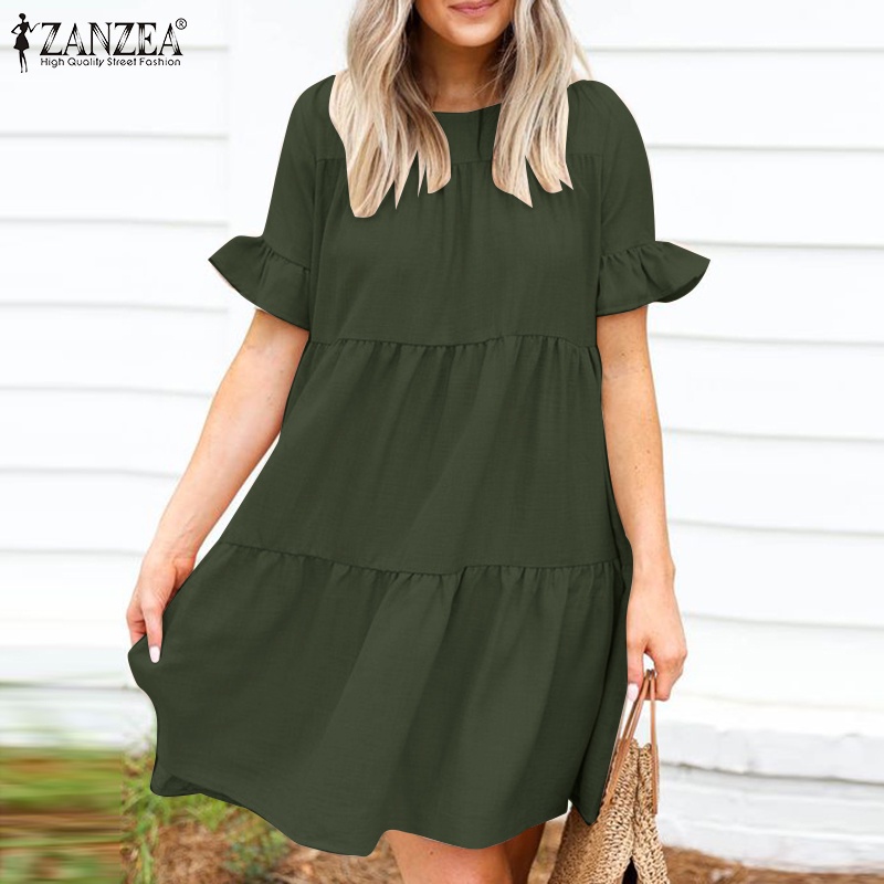 Zanzea Đầm Tay Loe Dài Nhiều Tầng Xẻ Tà Thời Trang Dành Cho Nữ