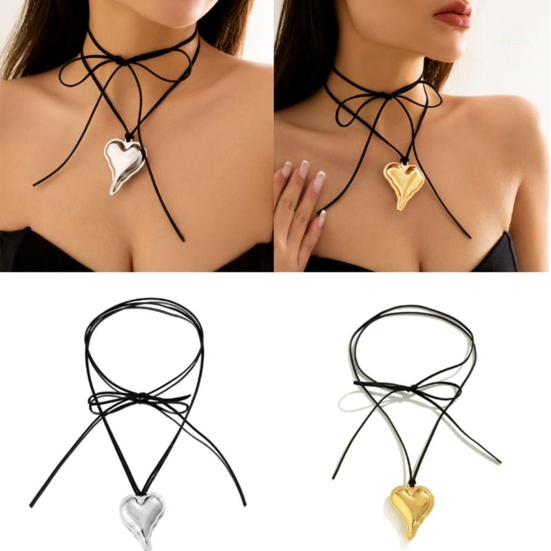 Vòng Cổ Choker Vải Nhung Mặt Trái Tim Lớn Thắt Nút Thanh Lịch Có Thể Điều Chỉnh Phong Cách Goth Hàn Quốc Cho Nữ