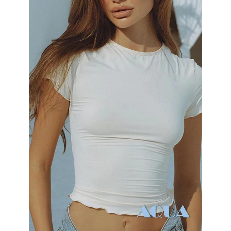 Áo Croptop Tay Ngắn Cổ Tròn Màu Trơn Dáng Ôm Thời Trang Mùa Hè Cho Nữ