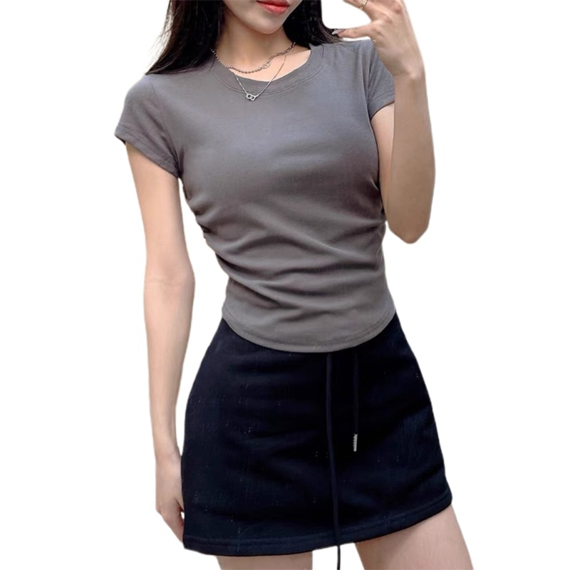 Xiangbao Áo Thun Tay Ngắn Cổ Tròn Dáng Ôm Viền Cong Màu Trơn Thời Trang Mùa Hè Cho Nữ