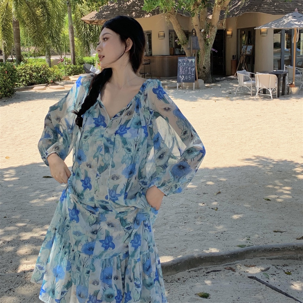 Đầm Dài Hai Mảnh Tay Ngắn In Họa Tiết Hoa Phong Cách Pháp Thời Trang Xuân Hè 2023 Mới Dành Cho Bạn Nữ Đi Chơi Biển