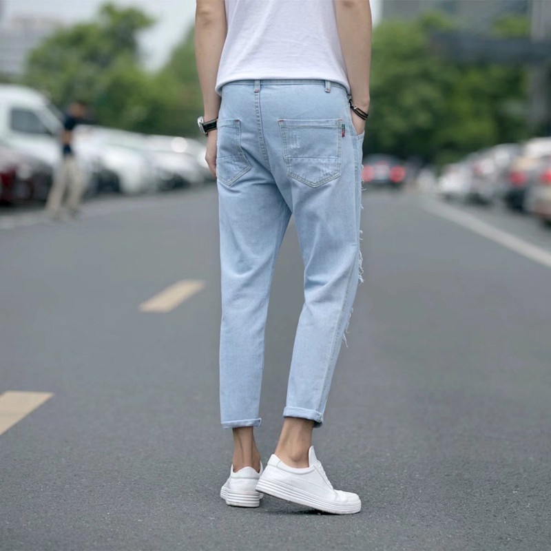Quần Jean Dài Rách Gối Phong Cách Hàn Quốc Trẻ Trung Dành Cho Nam