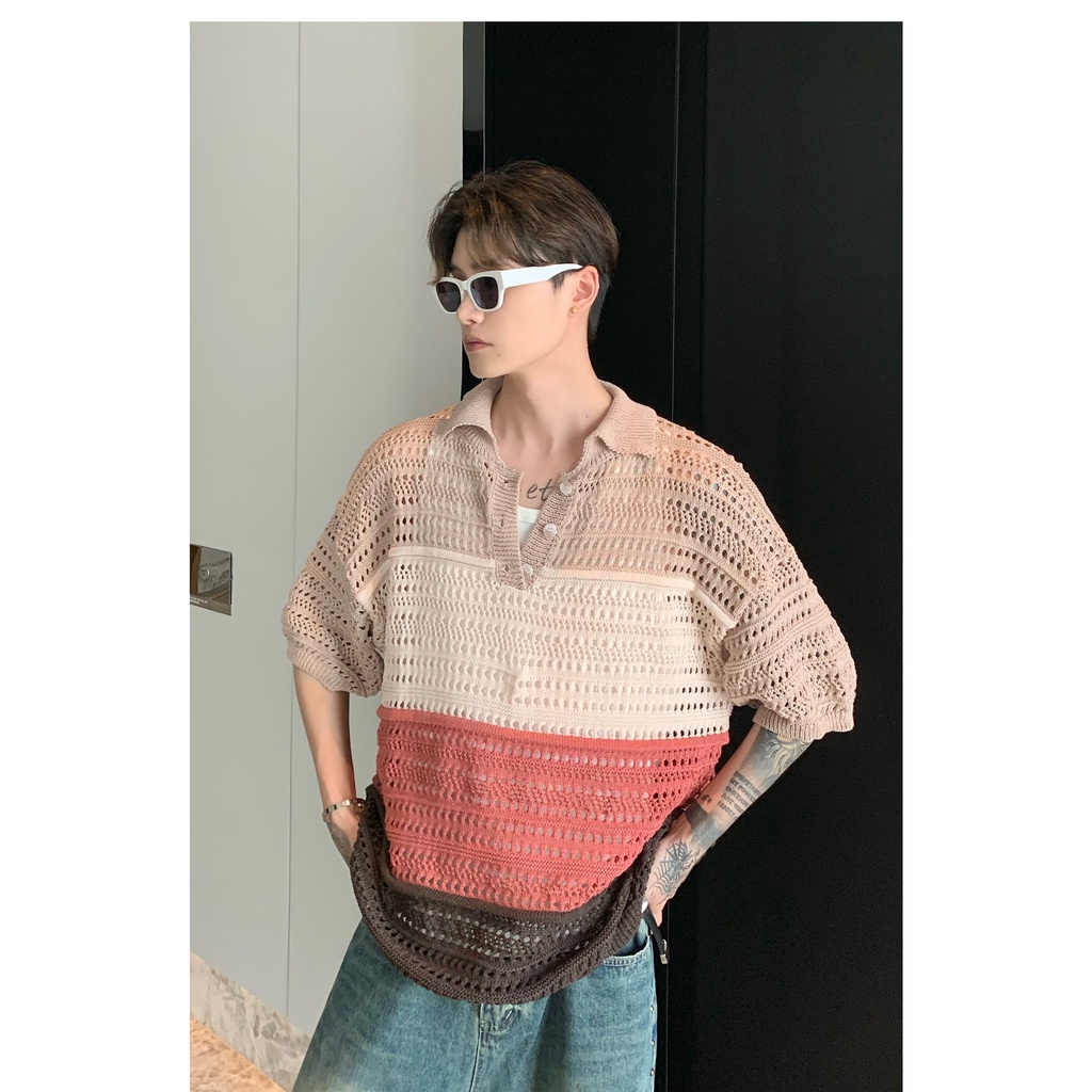 Áo Thun polo Dệt Kim Tay Ngắn Dáng Rộng Phối Nút Nhiều Màu Sắc Thời Trang Mùa Hè Cho Nam