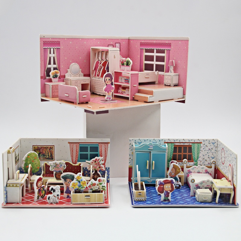 Bộ Đồ Chơi Xếp Hình Ngôi Nhà 3 Trong 1 Bằng Giấy Ba Chiều Dành Cho Bé Gái