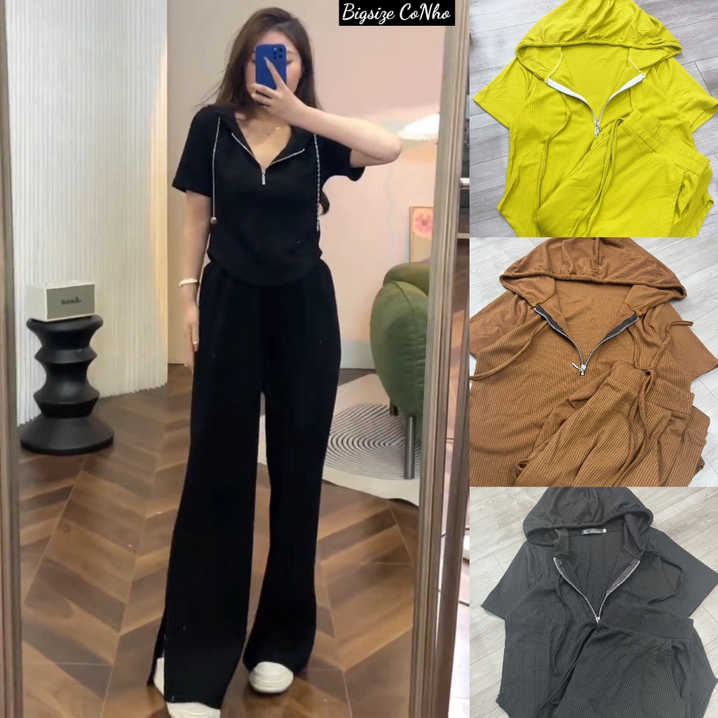 Set đồ bigsize nữ gồm áo thun khóa kéo kết hợp quần dài xẻ tà lưng thun BIGSIZE CÔ NHỎ- SET16
