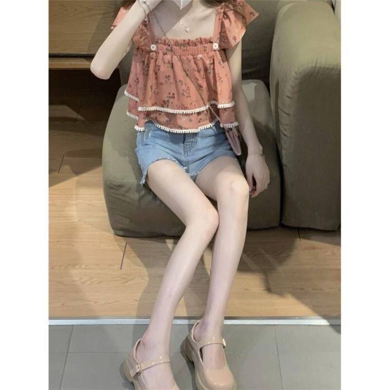 Áo Thun Ngắn Tay Cổ Vuông In Hoa Nhỏ Thiết Kế Xia Xiaozhong Ngọt Ngào Cho Nữ