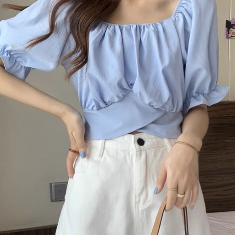 Áo Sơ Mi Ngắn Cổ Vuông Thắt Nơ Lưng Phong Cách Pháp Thời Trang Mùa Hè Cho Nữ