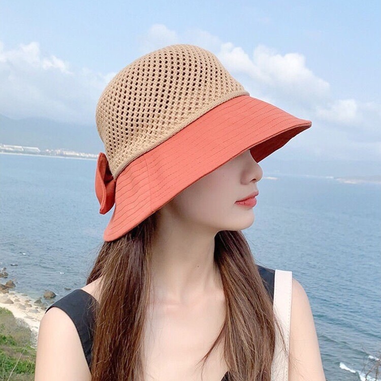 Mũ Chống Nắng Nữ Rộng Vành Hàn Quốc Thời Trang Nón Tai Bèo Vải Dệt Phối Lưới Đính Nơ Thời Trang Xuân Hè Cho Nữ HZFAC0209