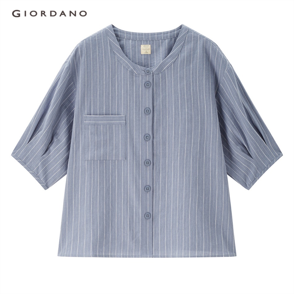 GIORDANO WOMEN Linen cotton elbow-length sleeve loose shirt 05343459