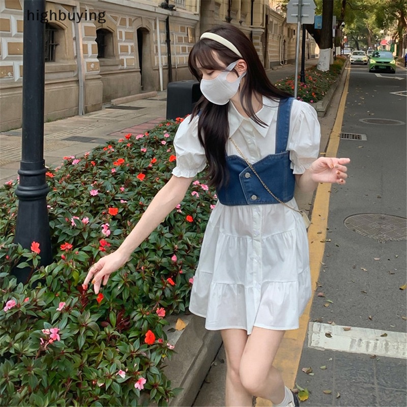 Set Đầm Denim Và Áo Sơ Mi Tay Phồng Phong Cách Vintage Thời Trang Hè 2023 Cho Nữ