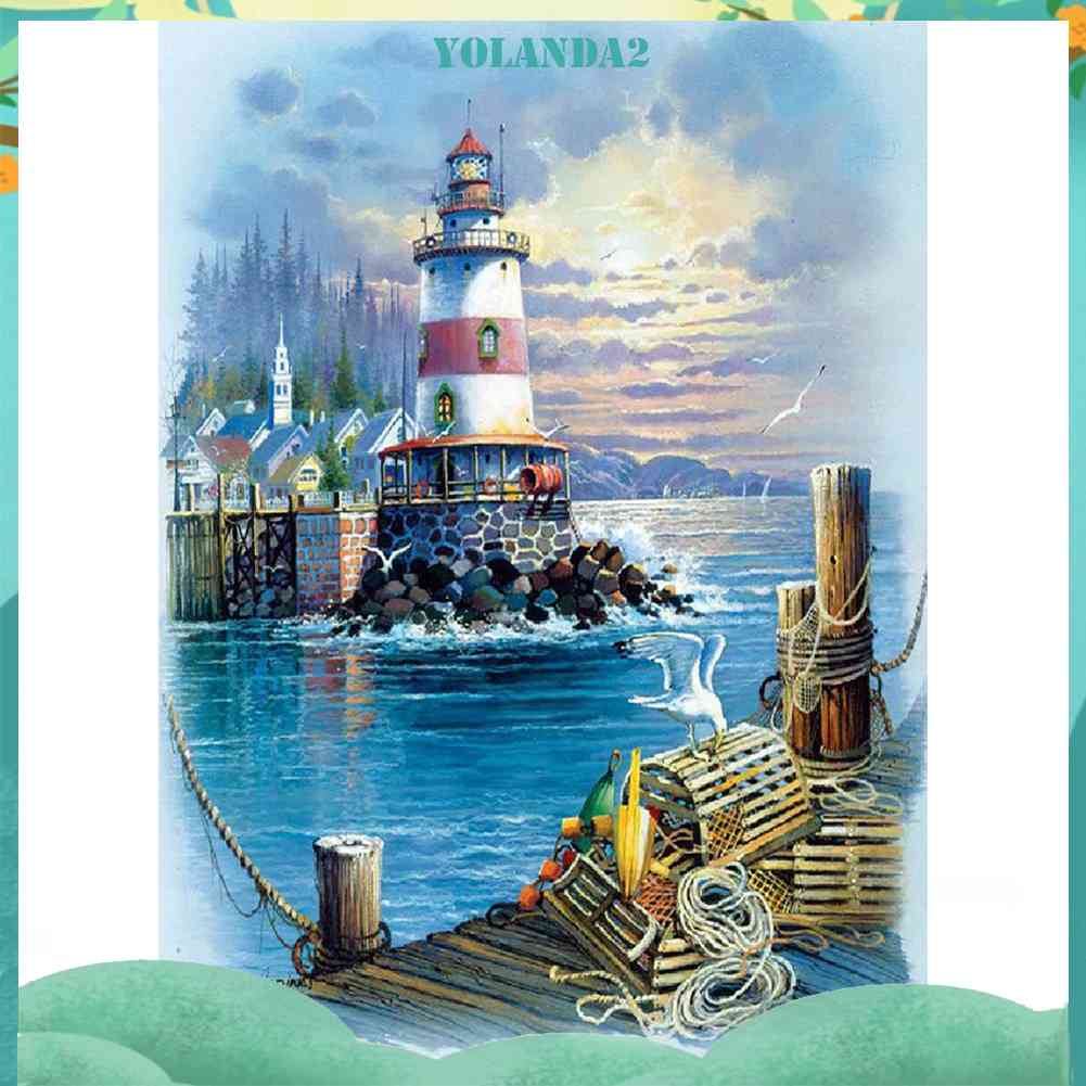 Tranh Thêu Trang Trí Thủ Công 5D Hình Ngọn Hải Đăng Biển (Mũi Thêu Hình X