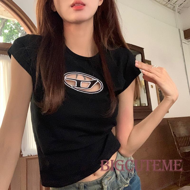 Áo Thun Nữ Tay Ngắn Cổ Tròn Cắt Xẻ Cơ Bản Màu Trắng / Đen / Đỏ Hồng