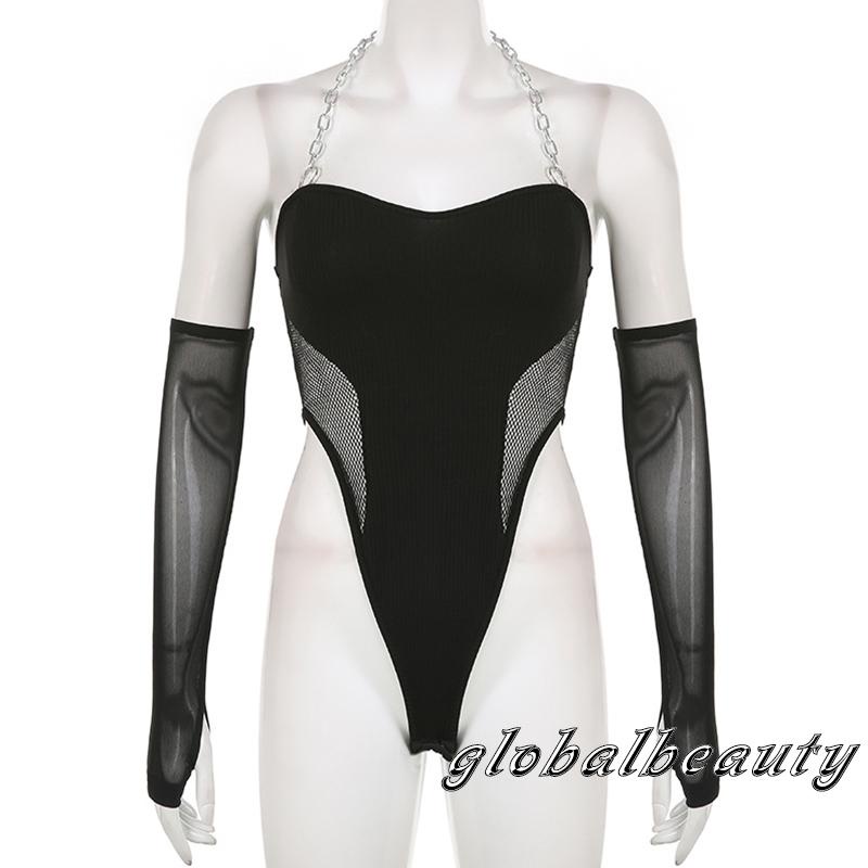 Bộ Áo Liền Quần Cổ Yếm Phối Lưới + Tay Áo Cánh Tay Màu Đen Thời Trang Cho Nữ