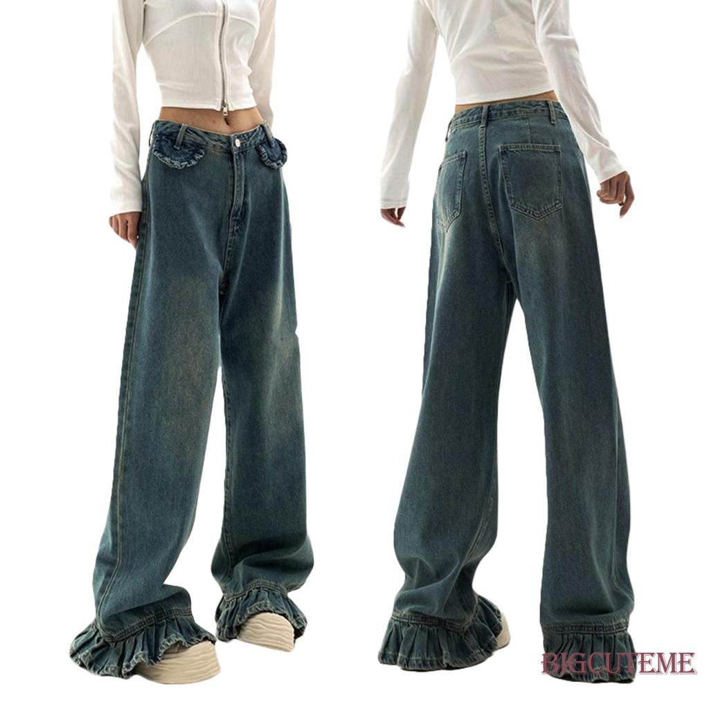 Quần Jean Dài Dáng Rộng Viền Bèo Nhún Màu Trơn Thời Trang Xuân Thu Cho Nữ