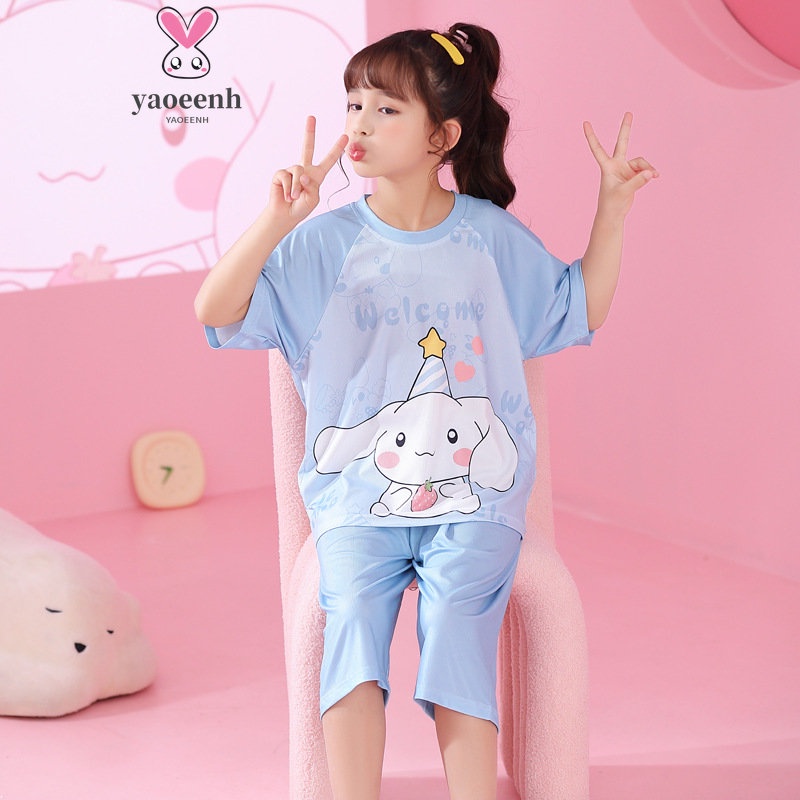 【YAOEENH】Bộ Đồ Ngủ Ngắn Tay Bằng Lụa Mát 80-165cm Dành Cho Mẹ Và Bé