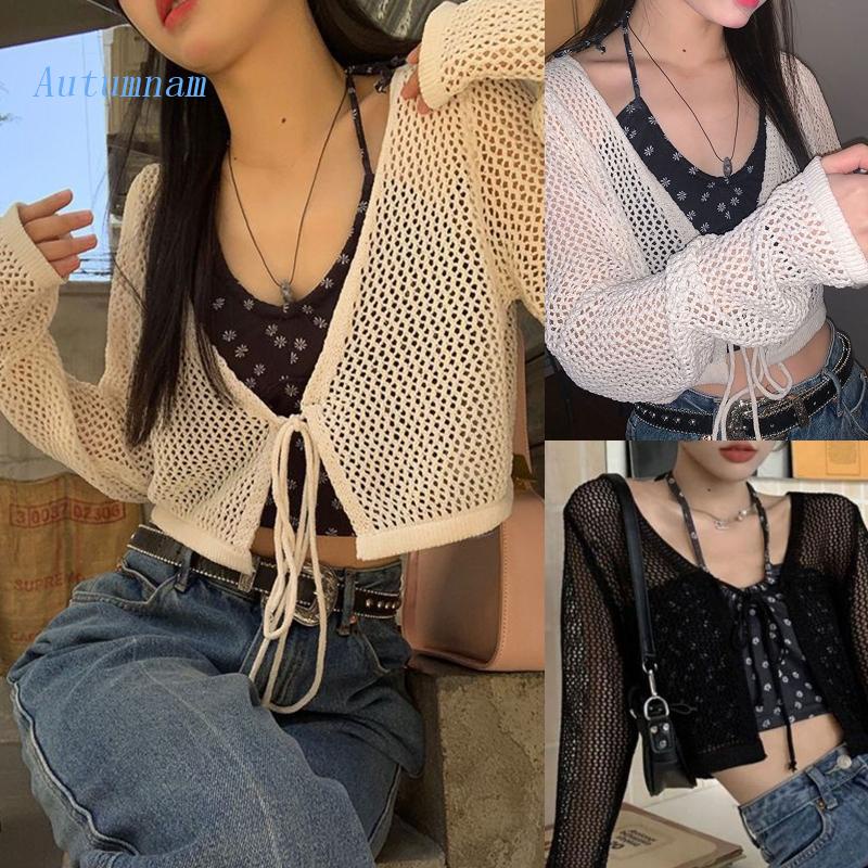 Áo Croptop Lưới Tay Dài Cổ Chữ V Có Dây Cột Thời Trang Cho Nữ