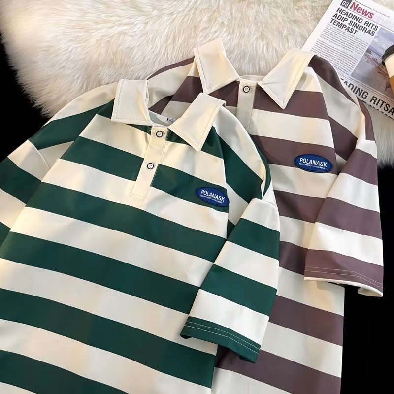 Áo Thun POLO Cotton Ngắn Tay Họa Tiết Kẻ Sọc Đính Hạt Thời Trang Mùa Hè Hàng Mới Dành Cho Bạn Nam
