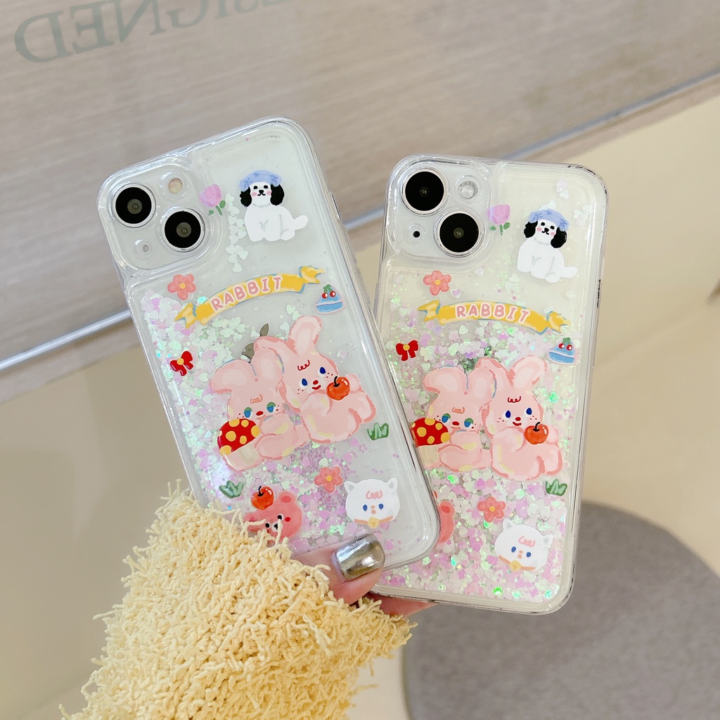 Ốp Điện Thoại PC Cứng Họa Tiết Thỏ Hoạt Hình Phối Cát Lún Lấp Lánh Chống Sốc Cho iPhone11 12 13 14 Pro Max